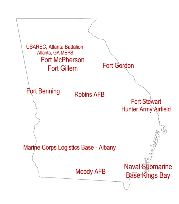 Georgia Map showing Military Installations locations