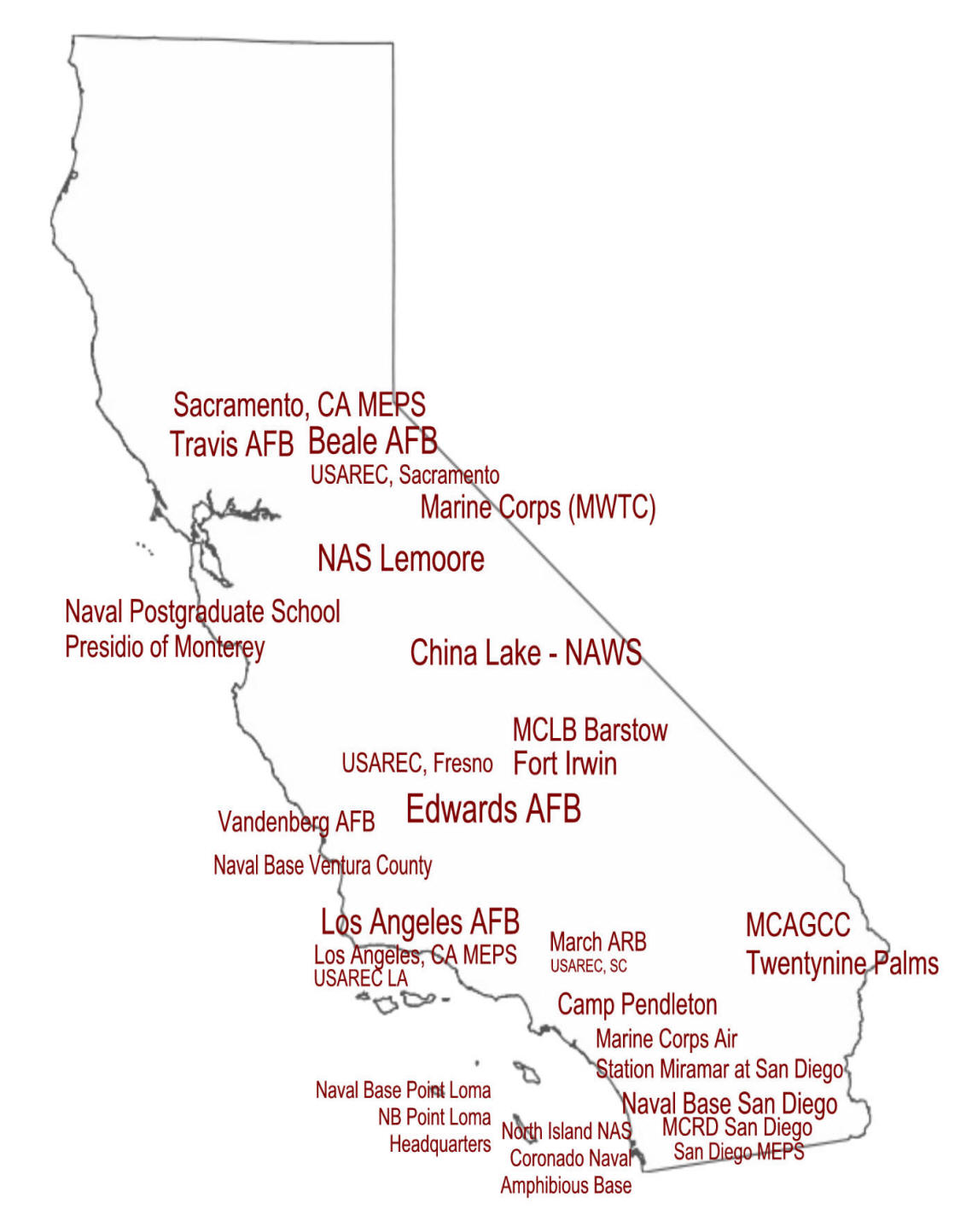 Map showing Military Bases in California with real estate agents offering Military Relocation Services