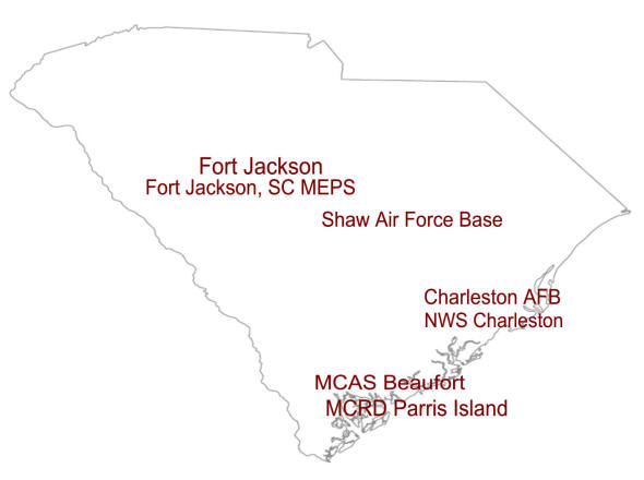 South Carolina map showing Military Installations