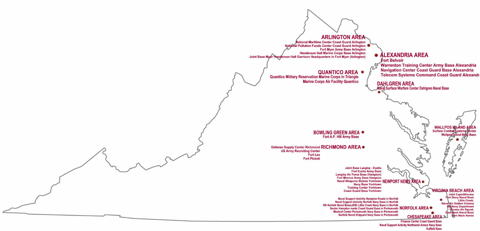 Find a Virginia Military real estate agent on the Virginia Military Bases map